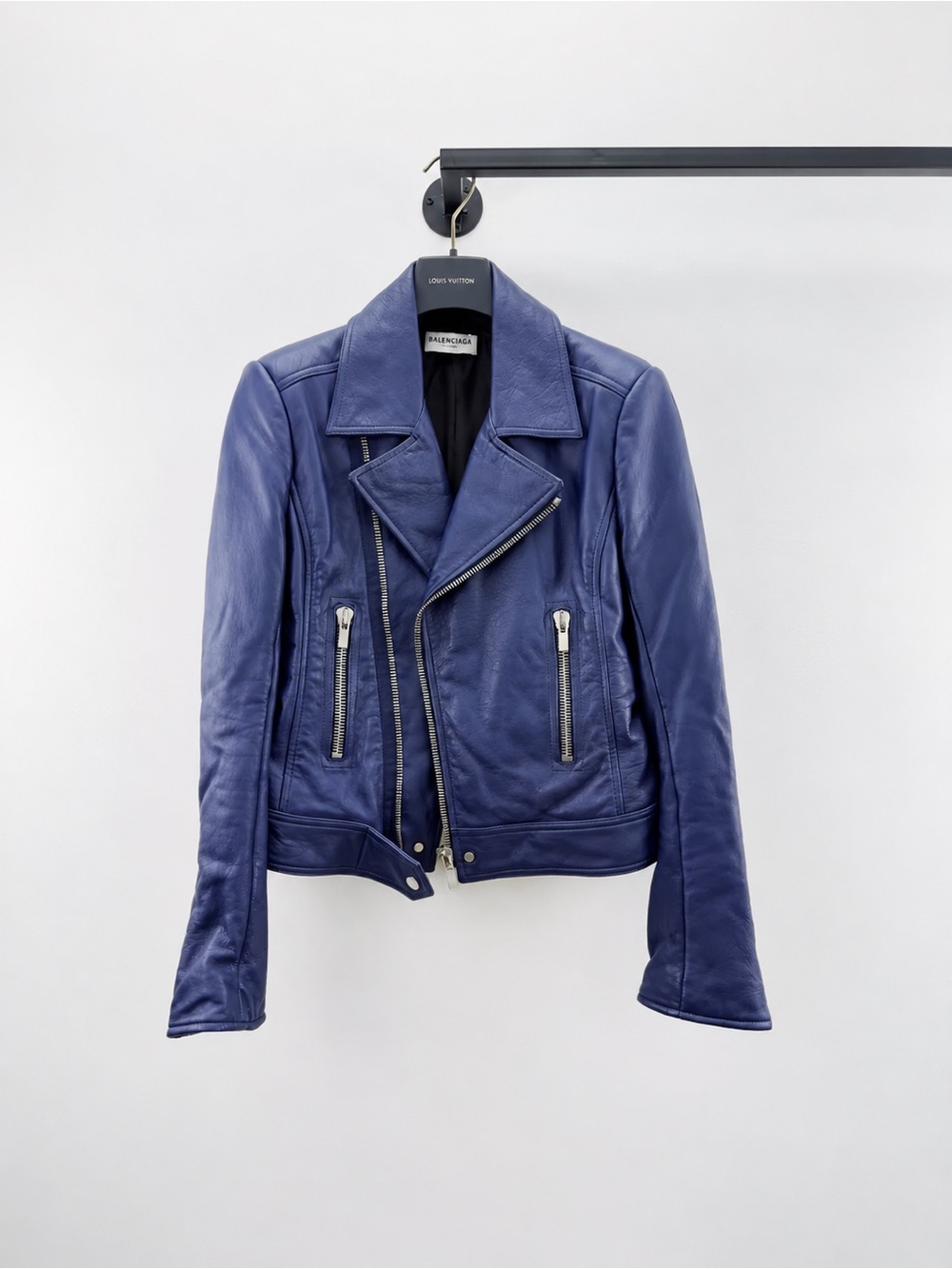 🚩steal Balenciaga Women's Blue Leather Moto Jacket